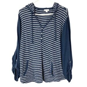 J. Jill Navy Blue Striped Hoodie L Petite Button V-Neck Long Sleeve Roll-Tab